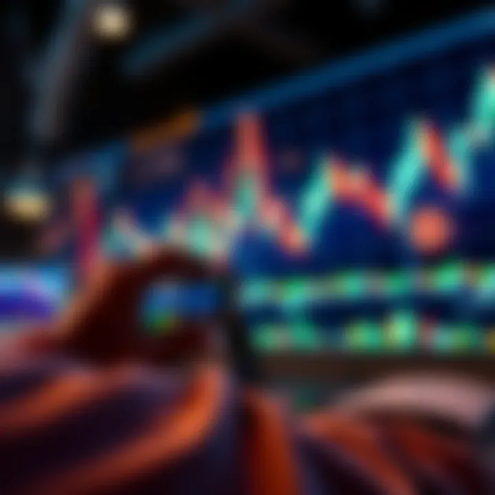 A person using a smartphone to check Bitcoin prices on a finance app, with a graph showing BTC value in the background.