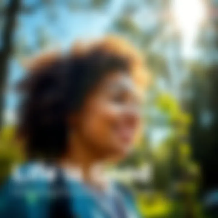 A happy person smiling while surrounded by trees and sunshine, representing positivity in daily life