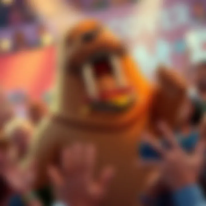 A whimsical character resembling a walrus with cheeseburger features, excitedly presenting a new release to an enthusiastic crowd.