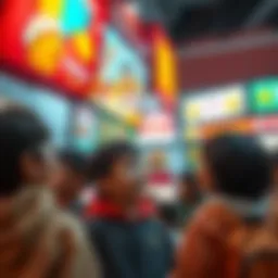 A group of kids looking at colorful fast food advertisements with excitement, showcasing a trend of marketing aimed at young audiences.