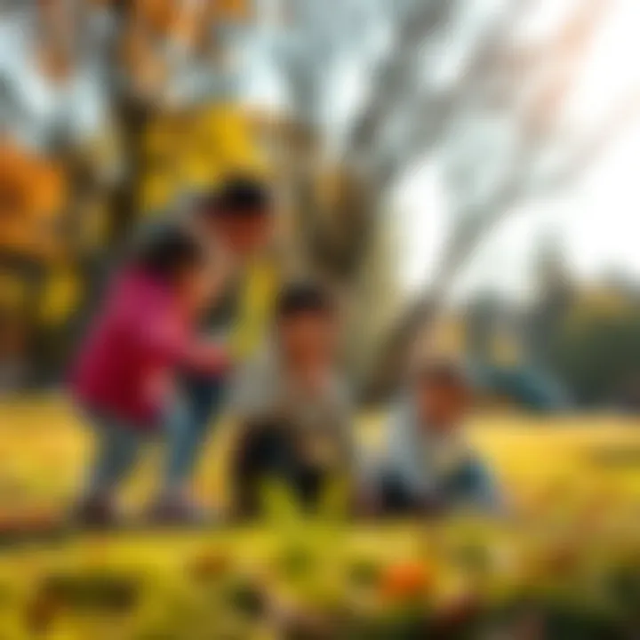 A group of children engaging with adults in a park, illustrating the bond and guidance between generations.