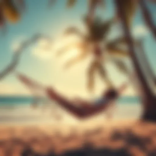 A serene beach scene with a person lounging on a hammock, enjoying the sun, surrounded by palm trees.