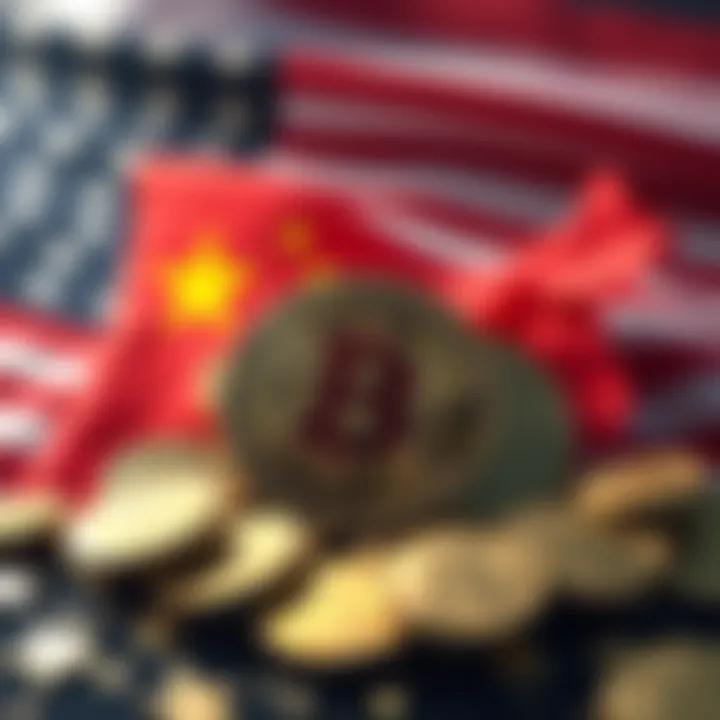 Graphic showing China's flag alongside Bitcoin symbols, with a U.S. flag in the background to represent the blame directed at the U.S.