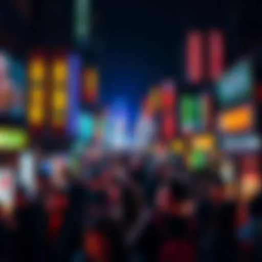 A bustling city street filled with people enjoying nightlife, illuminated by colorful lights and neon signs.