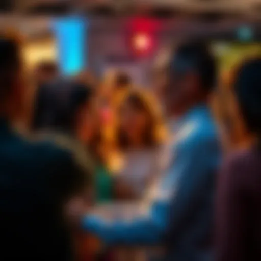 A diverse group of people from different social classes engaging in conversation at a community event.