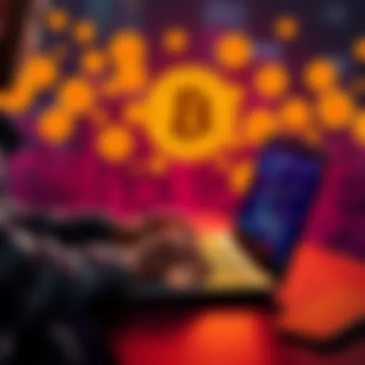 A person coding on a laptop with Bitcoin icons in the background, symbolizing opportunities in cryptocurrency.