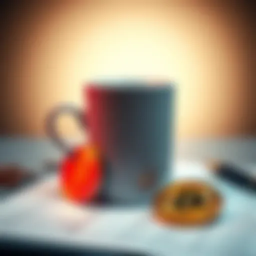 A coffee cup next to a Bitcoin symbol on a balance sheet, illustrating the company's financial decision.
