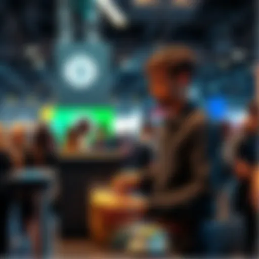 A barista serving coffee to attendees at Token2049, with people engaging and networking around.