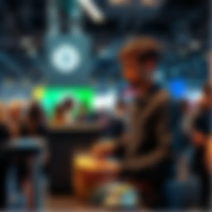 A barista serving coffee to attendees at Token2049, with people engaging and networking around.