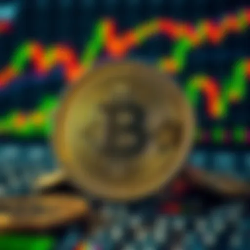 A close-up view of a digital coin symbolizing its struggle to rise above 20 cents, with stock market graphs in the background showing fluctuating trends.