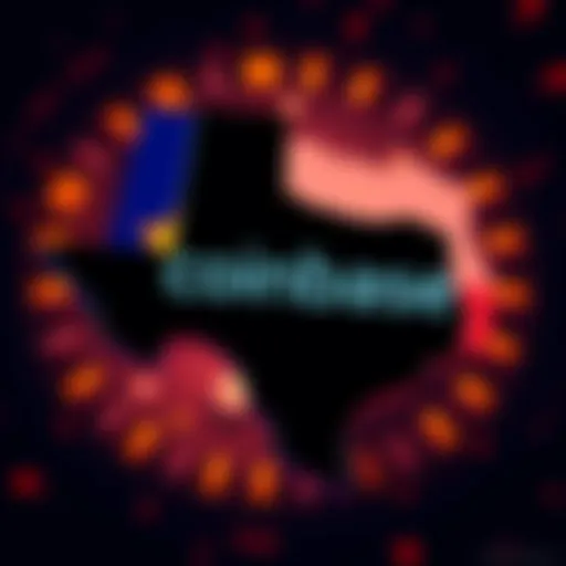 Coinbase logo with Texas outline in the background, symbolizing the company's relocation from Delaware to Texas.