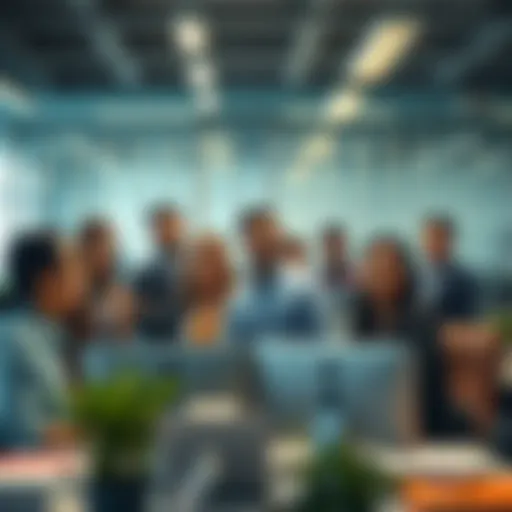 A diverse group of professionals working together in a modern office environment, highlighting Coinbase's reliance on foreign labor.