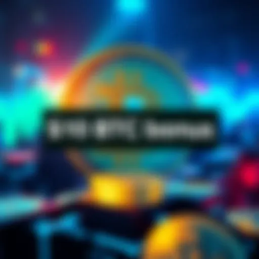 A promotional graphic showing '$10 BTC bonus' for purchasing new assets on Coinbase