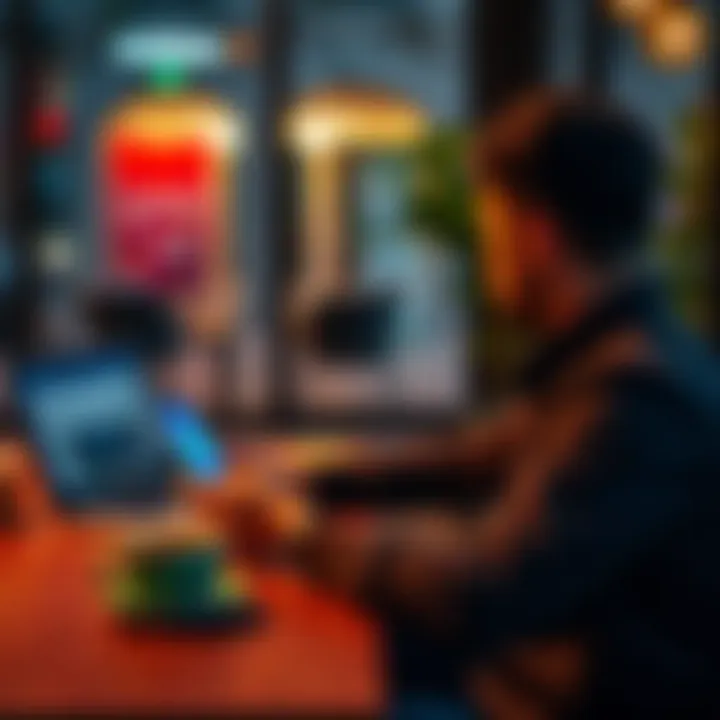 A person using a smartphone to deposit money in Coinbase while sitting at a table with a laptop and a coffee cup in Mexico.