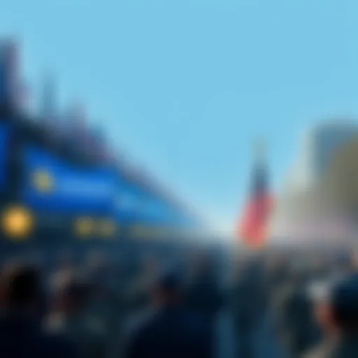Crowd gathered at a military parade with banners showing Coinbase logos.