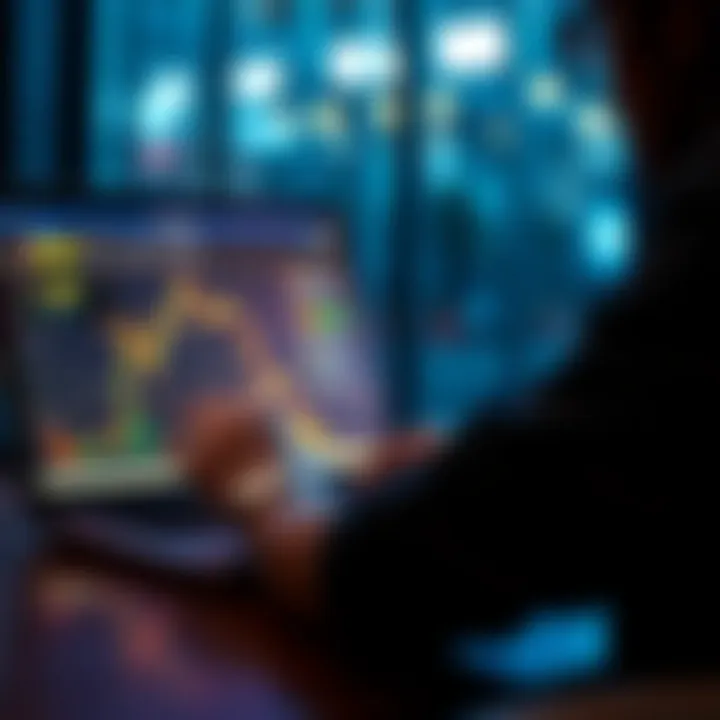 A person analyzing cryptocurrency rewards and trading on a laptop with graphs and charts visible on the screen.