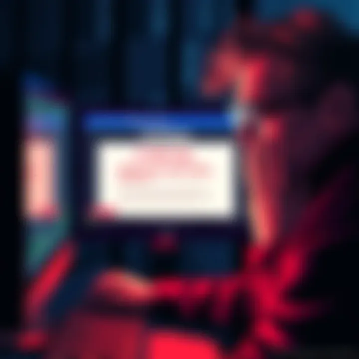 A frustrated person looking at a computer screen showing a warning about a Coinbase security breach, with a concerned expression.