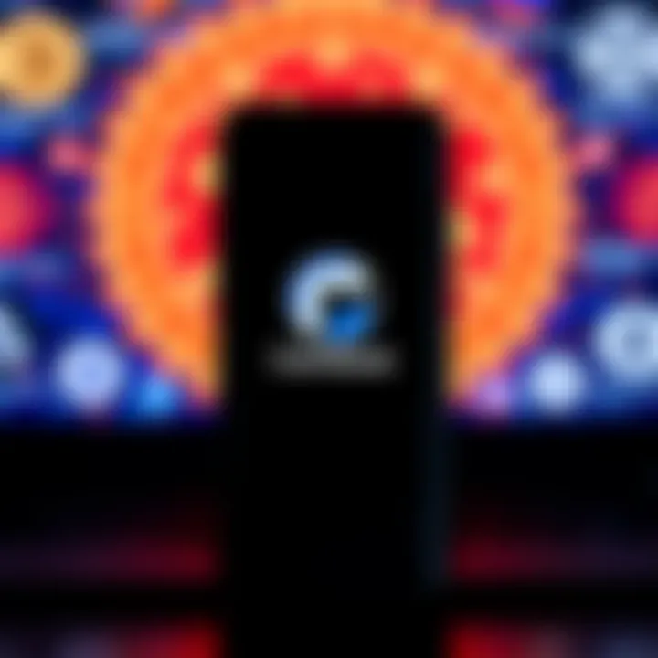 A smartphone displaying the Coinbase app, with cryptocurrency logos in the background