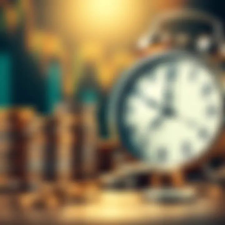 A stack of coins next to a clock, representing the idea of patience in wealth accumulation through investing.