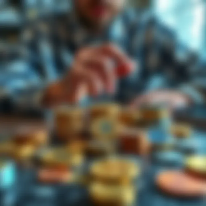 Various alternative cryptocurrency coins on a table with a person examining them