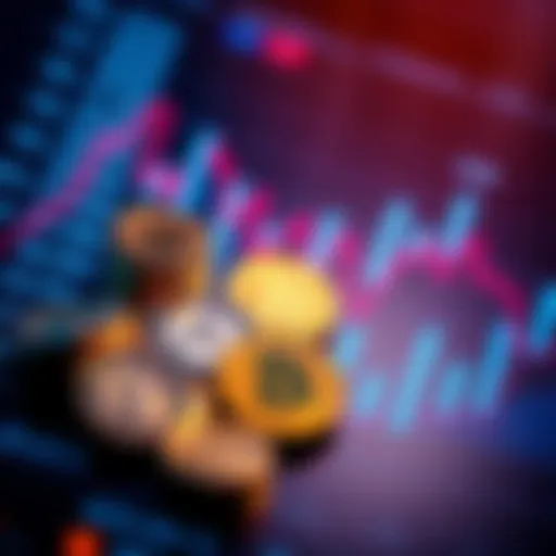 A collection of different coins displayed on a chart showing fluctuating values, symbolizing investment trends.