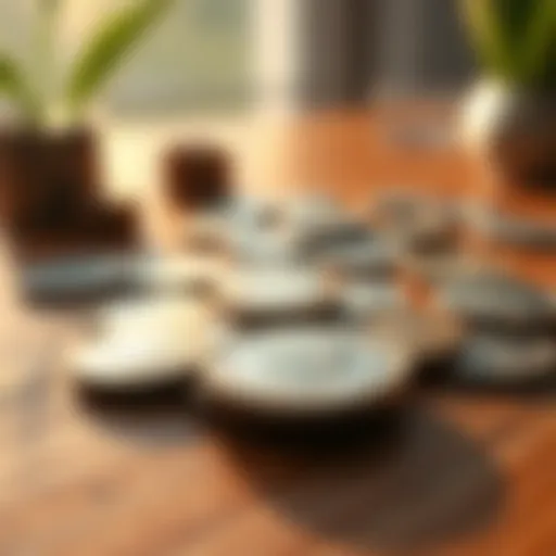 A close-up of several coins, including one that is a quarter, laid out on a wooden table with soft morning light.