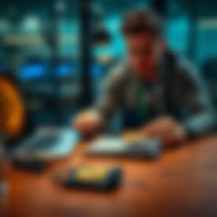 A person securely setting up a Mark 4 Cold Wallet for Bitcoin storage, displaying a laptop and hardware wallet on a table