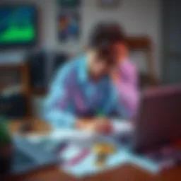 A stressed college student sits at a desk with his head in his hands, surrounded by financial papers and a laptop showing cryptocurrency prices.