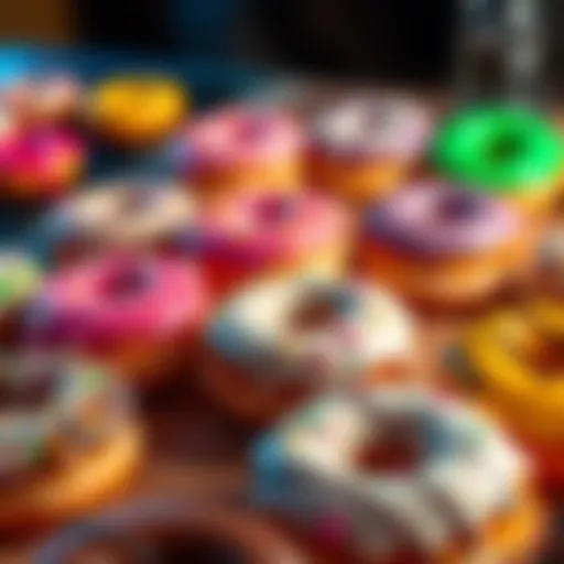 A variety of colorful donuts arranged on a table, some with sprinkles and others with icing, inviting people to discuss their favorites.