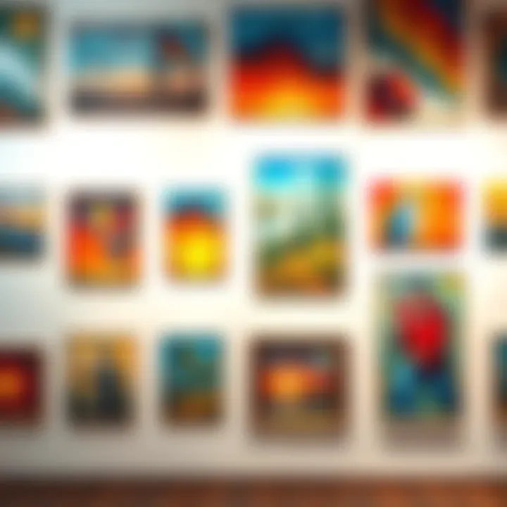 A collection of vibrant, honest art copies displayed on a white wall, showcasing various styles and techniques.