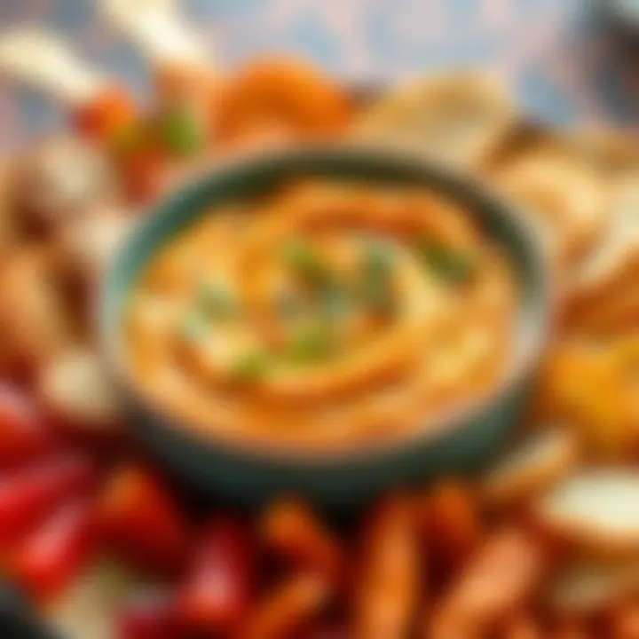 A visually appealing dip garnished with fresh herbs and served in a vibrant bowl, surrounded by an assortment of snacks