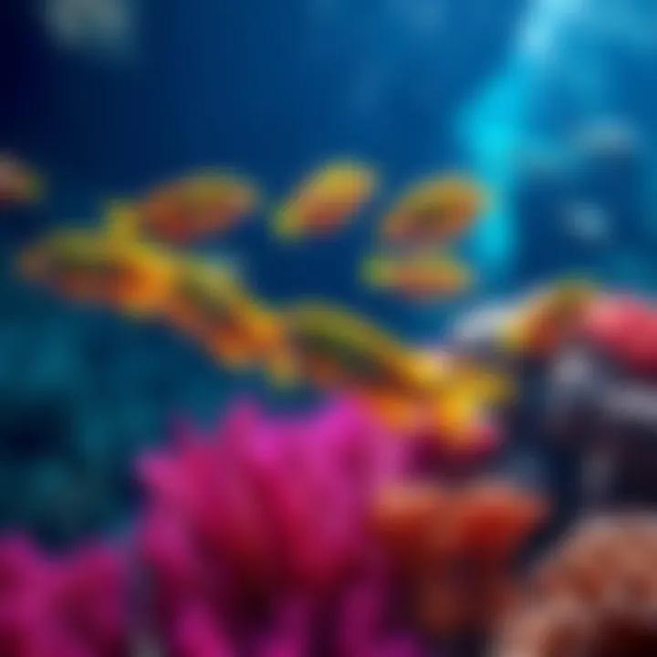 A group of small, colorful fish swimming among vibrant coral in a clear ocean.