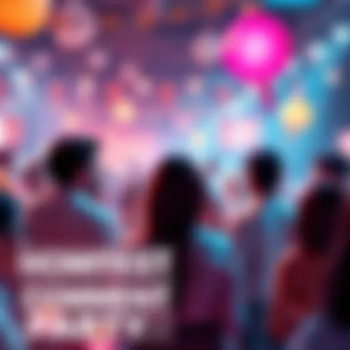A vibrant scene of people engaging in lively discussions at a comment party, with speech bubbles and festive decorations around them.