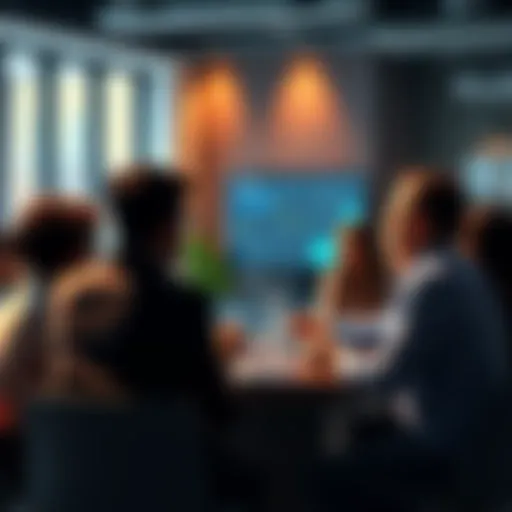 People discussing a rebalanced investment portfolio and sharing insights in a group setting