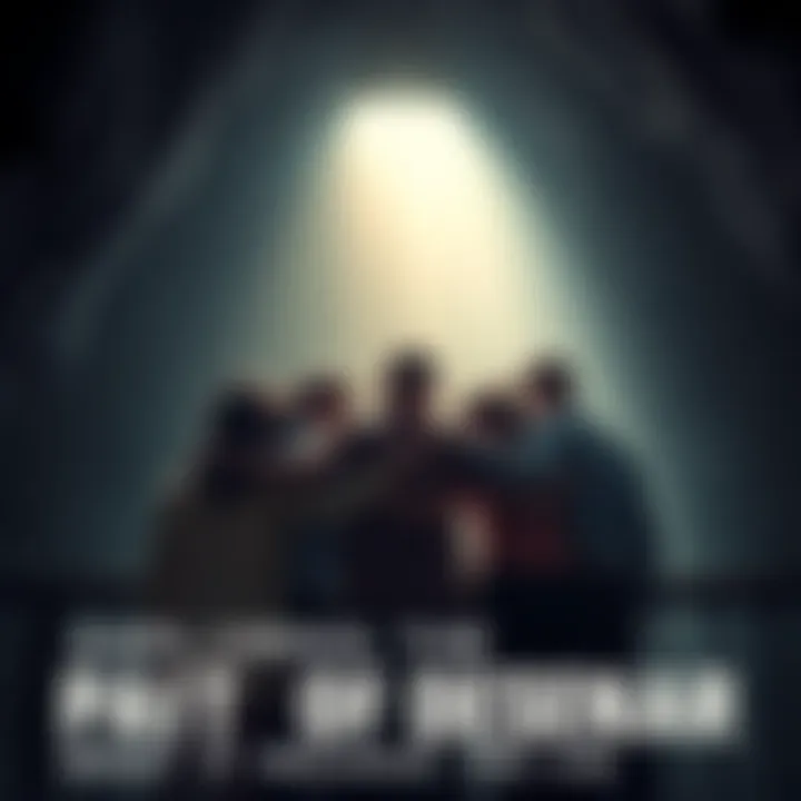 A group of diverse people supporting each other in a dark, gloomy space representing despair, with light shining through in the background symbolizing hope and unity.