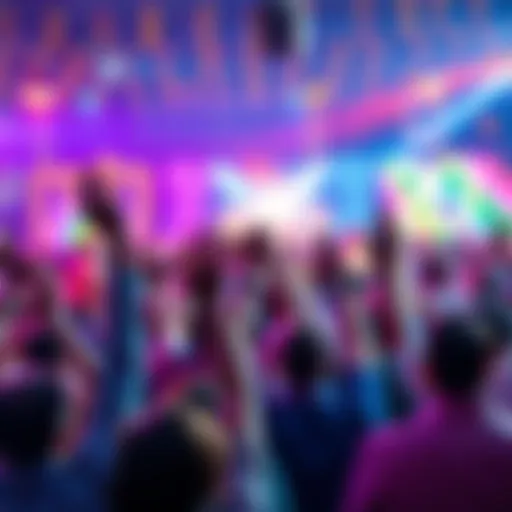 A vibrant gathering of people cheering and raising their hands in excitement for an event, with colorful decorations in the background.