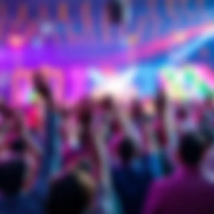 A vibrant gathering of people cheering and raising their hands in excitement for an event, with colorful decorations in the background.