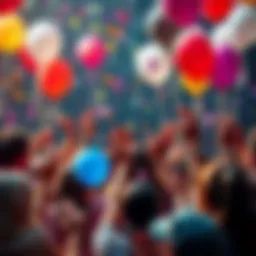 A colorful celebration with balloons and confetti, symbolizing community unity and achievement.