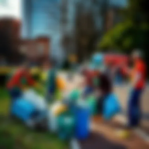 Volunteers picking up trash in a city park, promoting community involvement in waste management