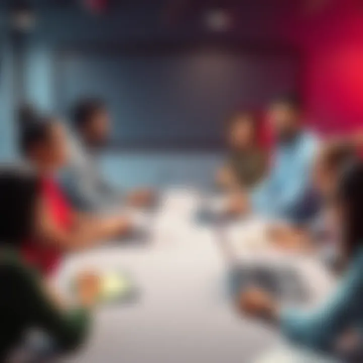 A diverse group of people engaging in discussion around a table with laptops and notepads, sharing thoughts on trends and issues affecting their community.