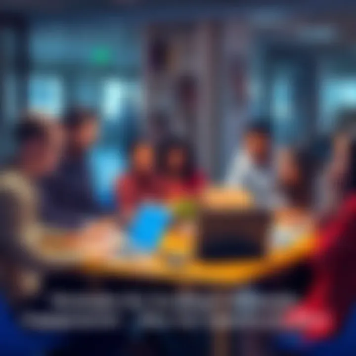 A group of diverse people discussing ideas around a table with laptops and notebooks, showcasing collaboration and engagement after product launch.