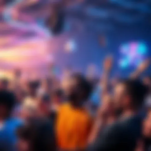 A vibrant scene of a community gathering, filled with people discussing and sharing thoughts about upcoming updates, with cheerful expressions and lively atmosphere.