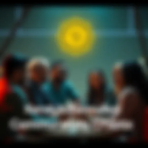 A diverse group of people engaged in a vibrant discussion about cryptocurrency, showcasing teamwork and collaboration.