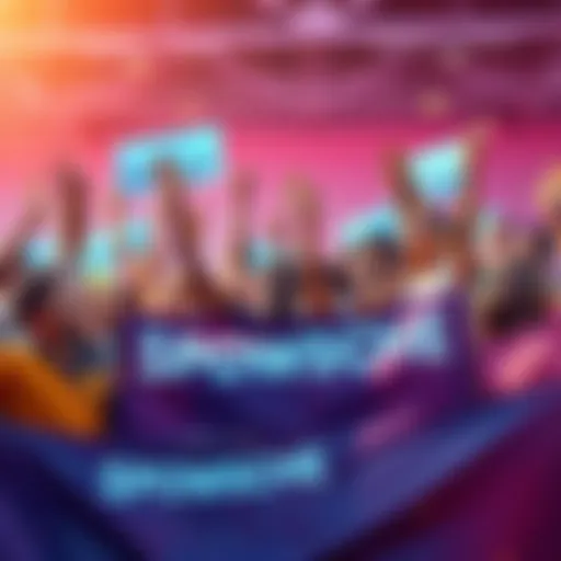 A group of diverse people celebrating together with $POWSCHE banners, showing excitement for their community-driven crypto project.