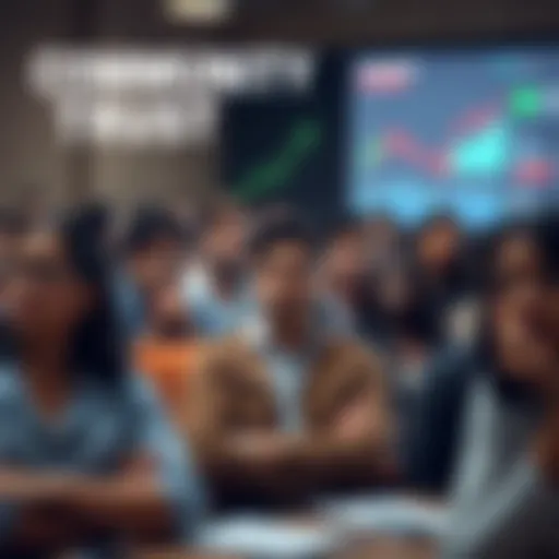 A diverse group of people looking concerned and disengaged in a community meeting, while market graphs show positive growth in the background.