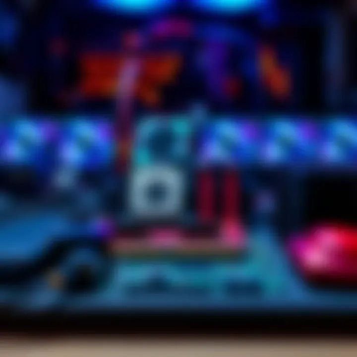 A variety of computer components like a CPU, RAM, and motherboard arranged on a desk