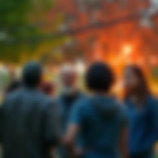 A group of worried people discussing recent events in a community park.