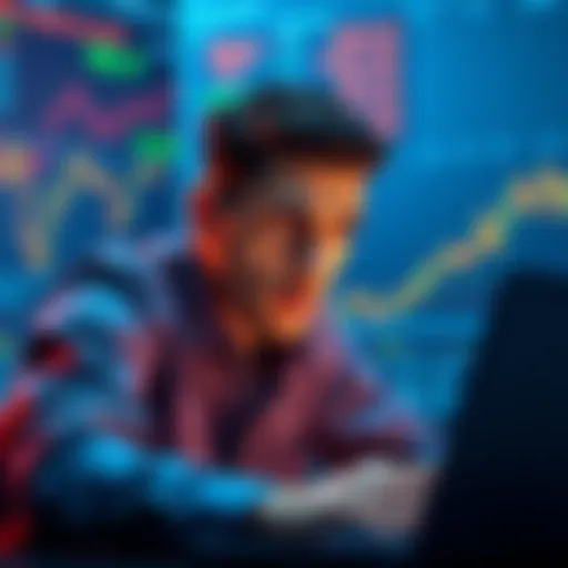 A new crypto investor looks worried while checking their investments on a laptop, surrounded by financial charts and graphs.