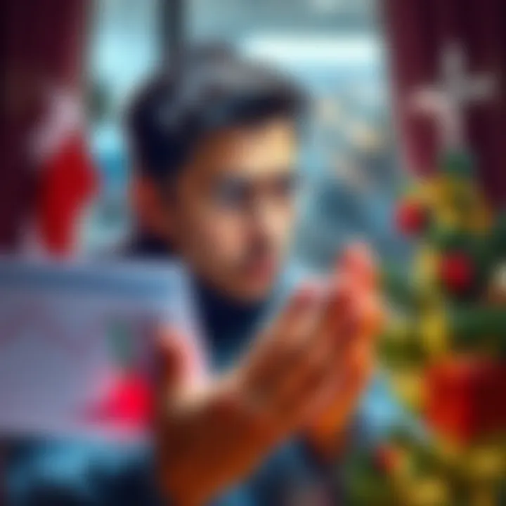 Concerned Investor A worried person looking at financial graphs while holding holiday decorations, representing investment anxiety during the holiday season.