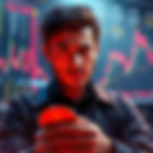 A worried investor studying a chart of cryptocurrency prices with various coins displayed, showing market volatility and confusion